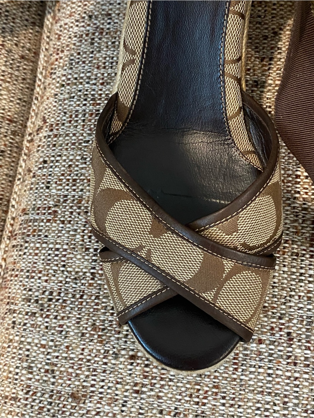 Coach Tan and Brown Signature Canvas Wedge Sandals with Ankle Wrap - Picture 5 of 14